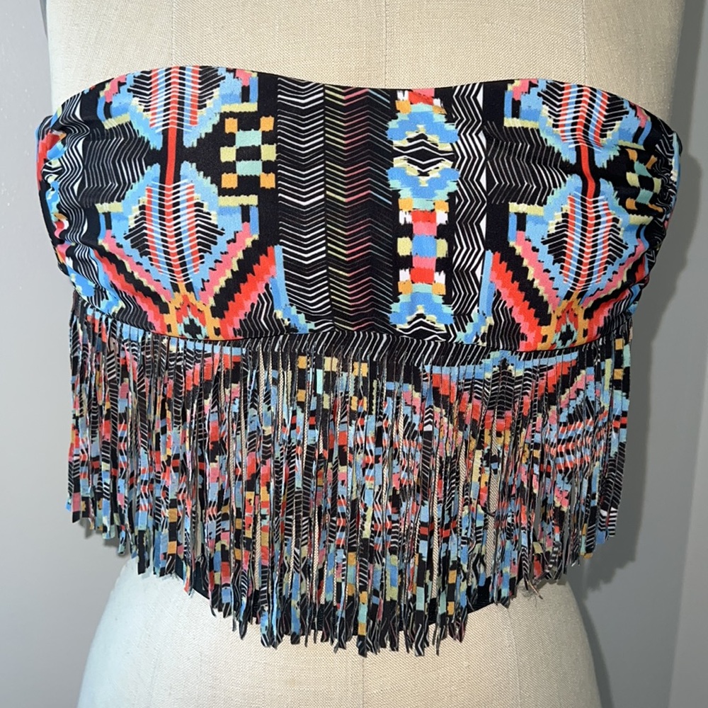 L*Space Strapless Reversible Tribal Black & Multi-Color Fringe Bikini Top Sz S